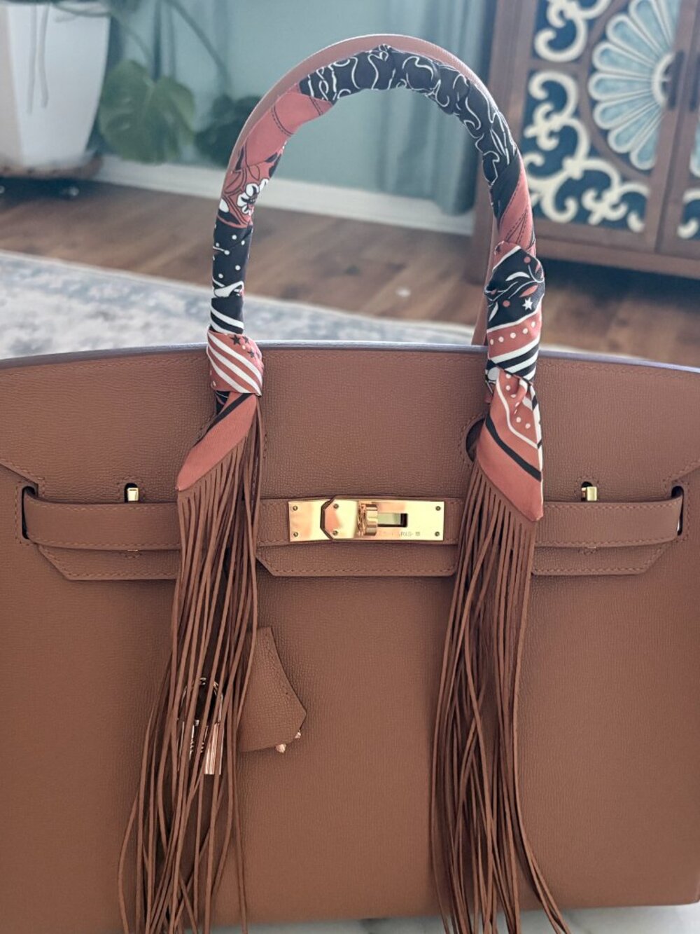Rust Equestrian Purse Scarf with Fringe - Picture 6 of 10